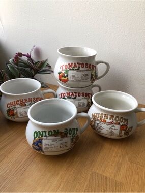 Lot of 5 Vintage Soup Bowls with Soup Recipes - Mushroom Onion Chicken Tomato x2